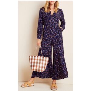 Anthropologie Loveland Leopard Print Button Front Wide Leg Jumpsuit Sapphire 14